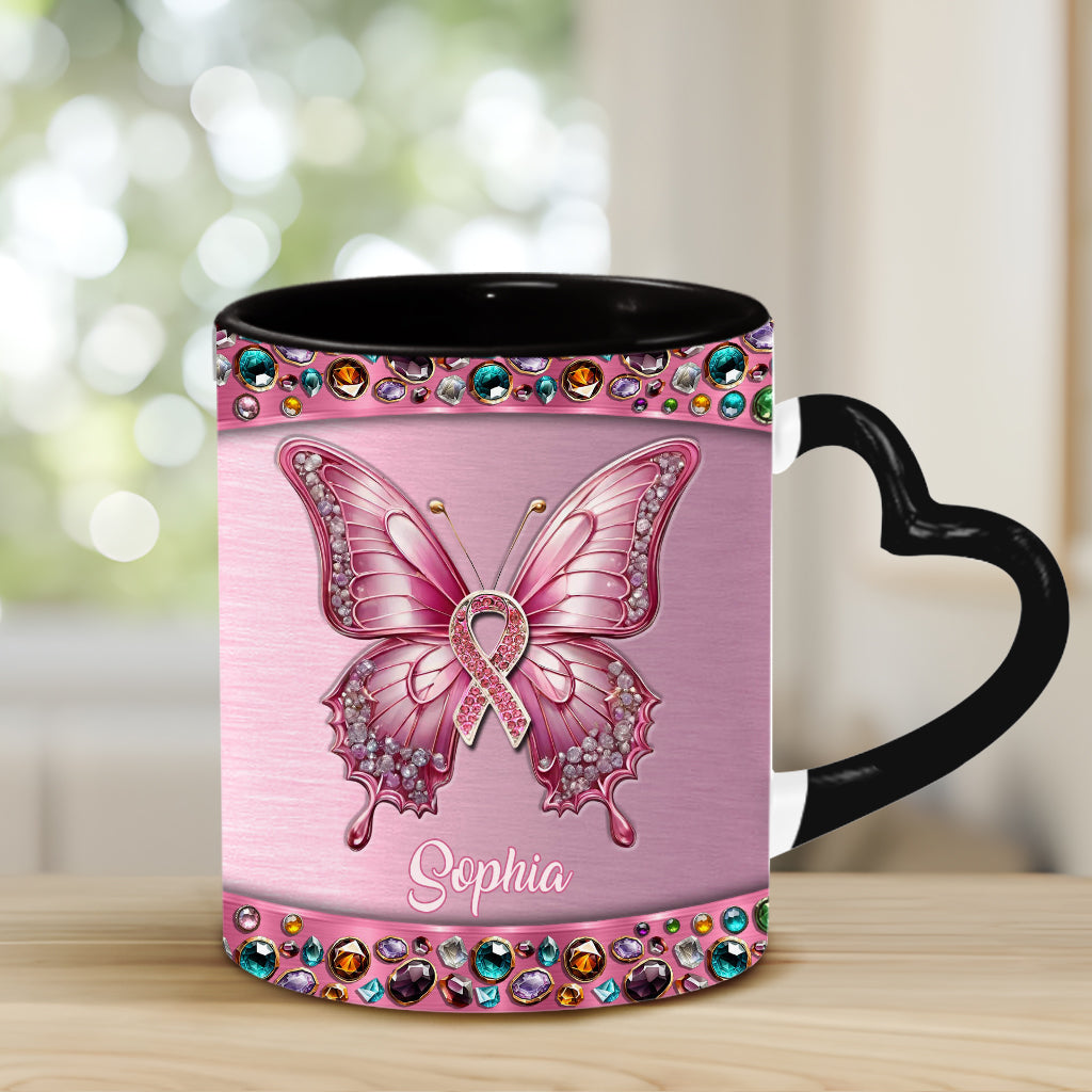 Foi, Espoir, Amour - Mug personnalisé avec anse en forme de cœur pour la sensibilisation au cancer du sein