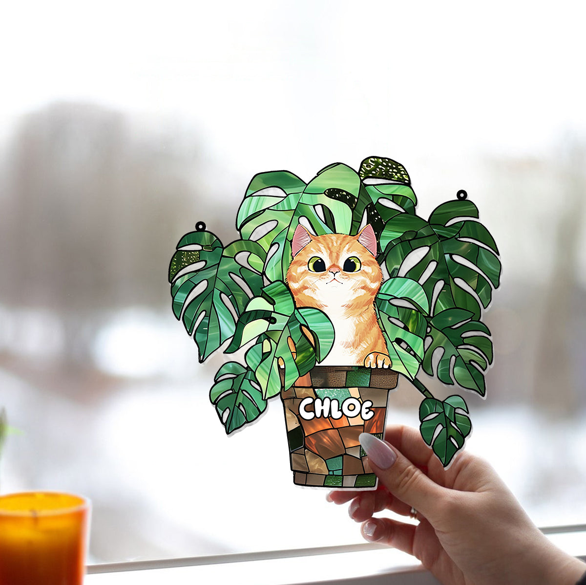 Chat qui regarde et Monstera - Attrape-soleil personnalisé à suspendre à la fenêtre avec motif chat 
