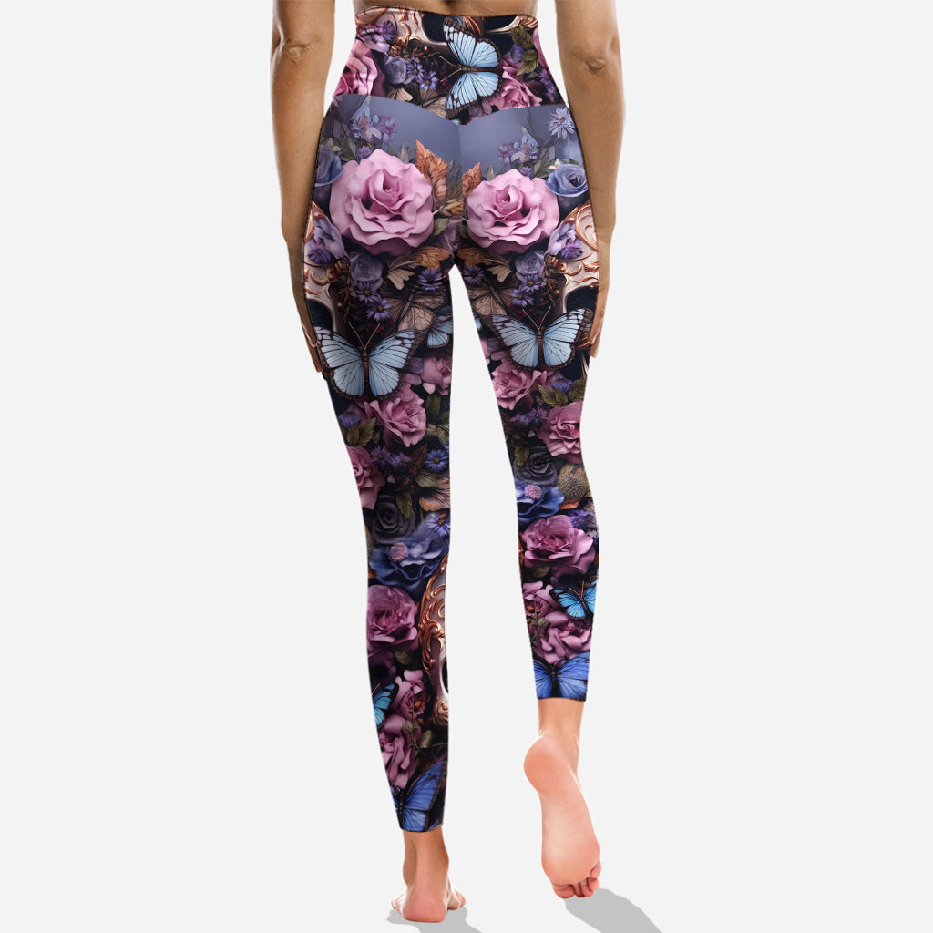 Beauty Of The Dark Skull Roses Butterflies - Personalized Skull Hoodie and Leggings