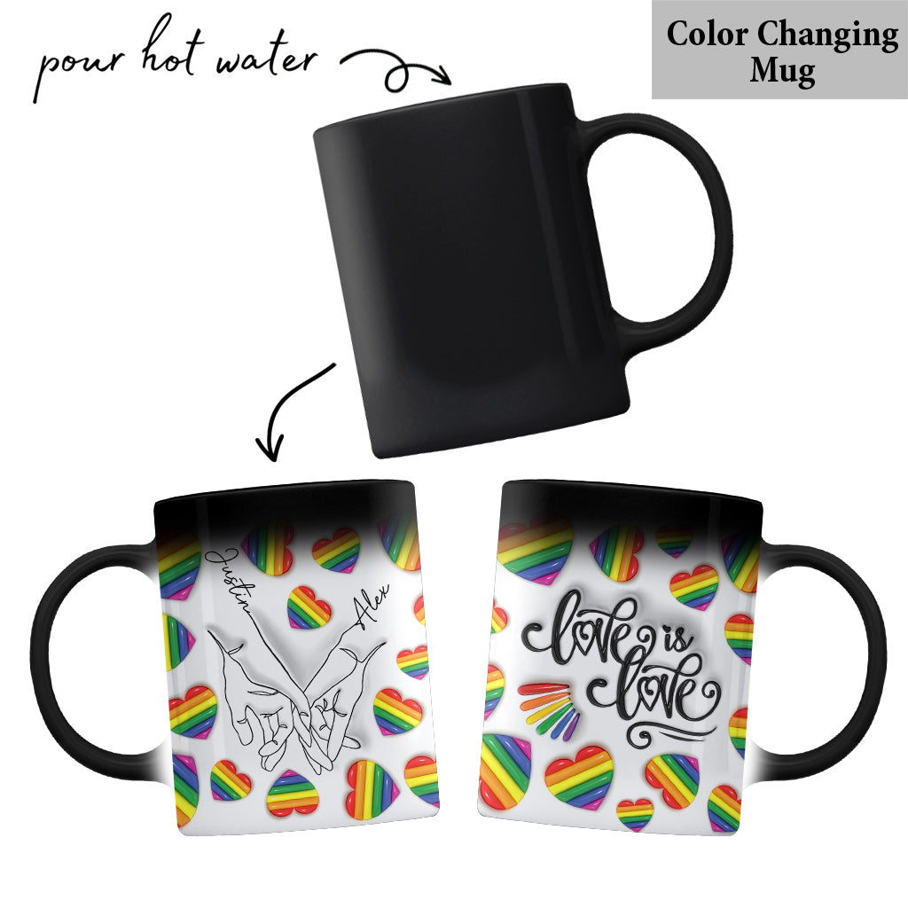 Mug personnalisé « Love Is Love » avec dessin au trait de mains – Soutien à la communauté LGBT