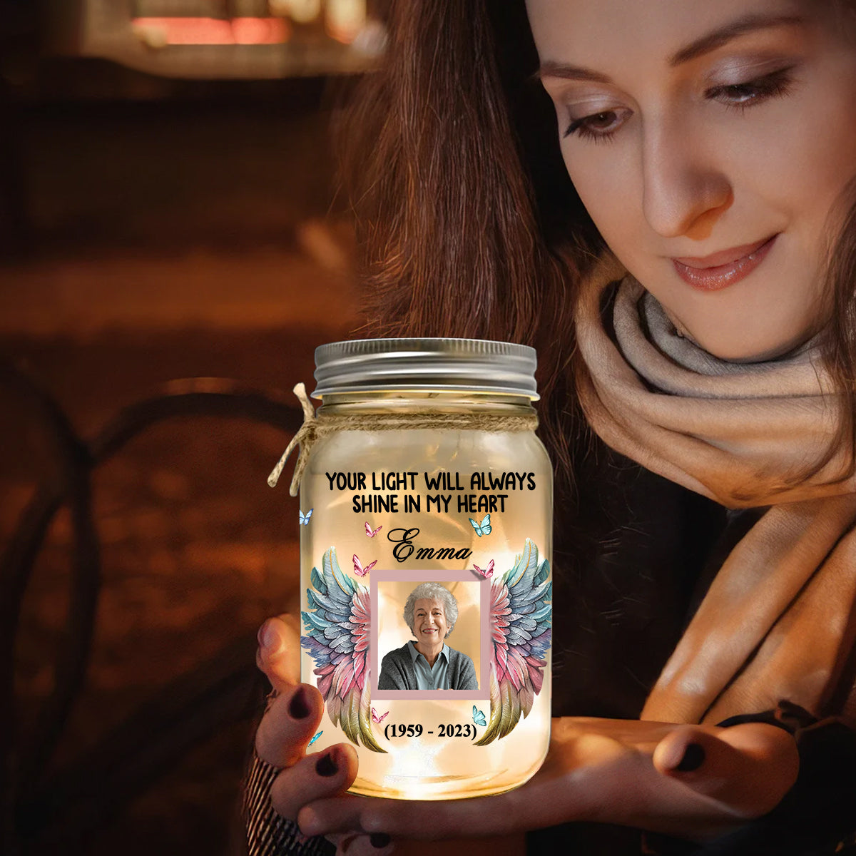 Your Light Will Always Shine In My Heart - Personalized Memorial Mason Jar Light
