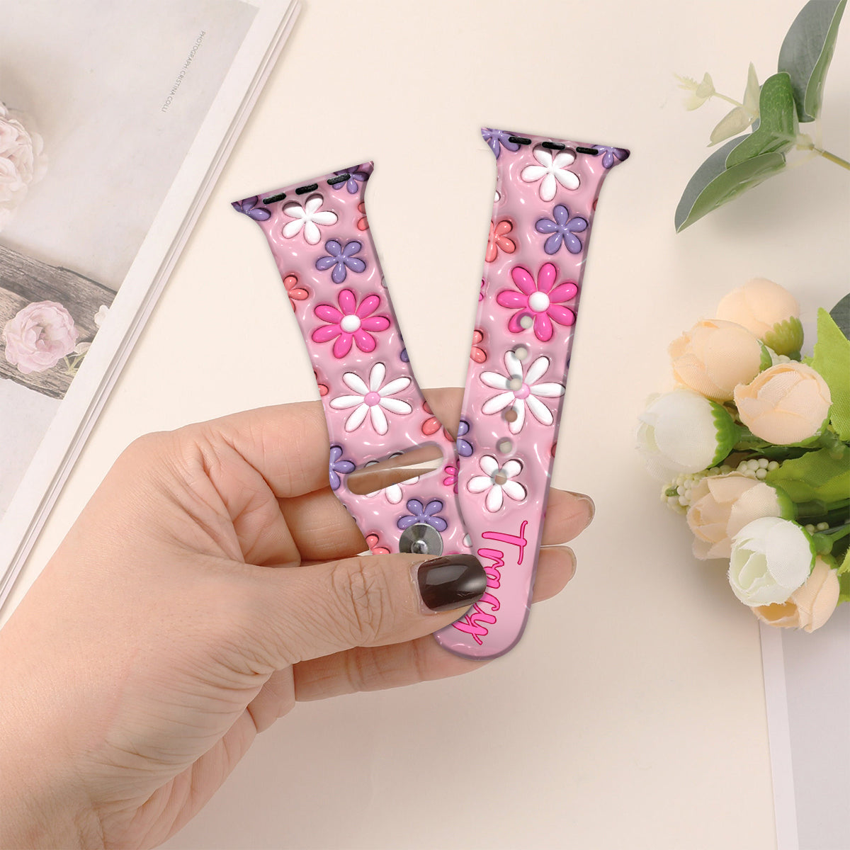 Bracelet Apple Watch rose fleuri et bouffant - Bracelet Apple Watch personnalisé