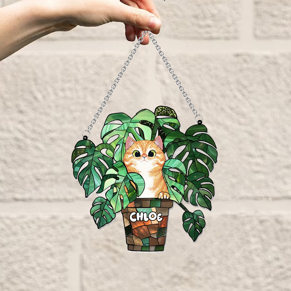 Chat qui regarde et Monstera - Attrape-soleil personnalisé à suspendre à la fenêtre avec motif chat 