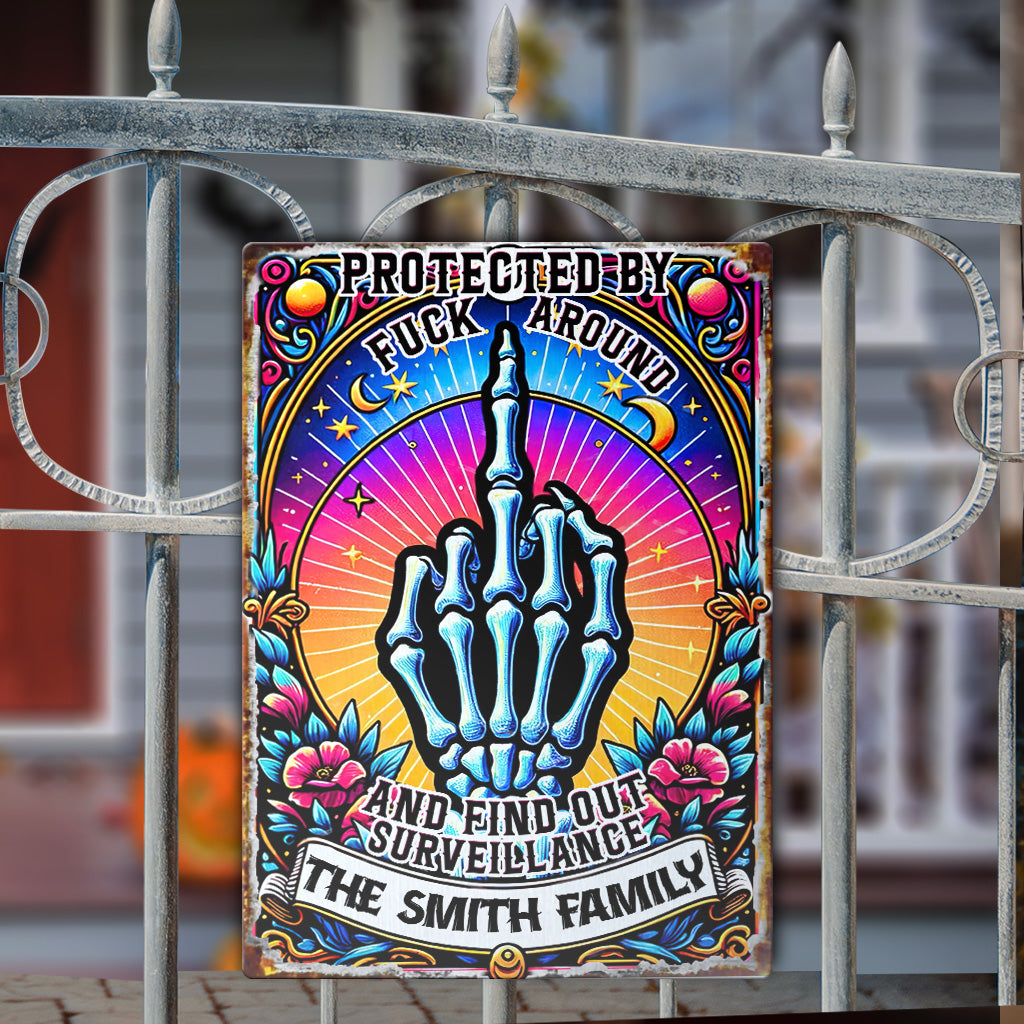 Protected by Fck Around and Find out Surveillance - Personalized Skull Rectangle Metal Sign