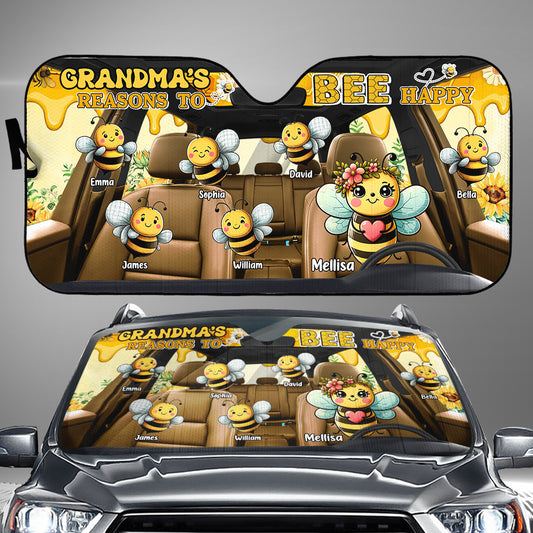 Grandma's Reasons To Bee Happy - Personalized Grandma Car Sunshade