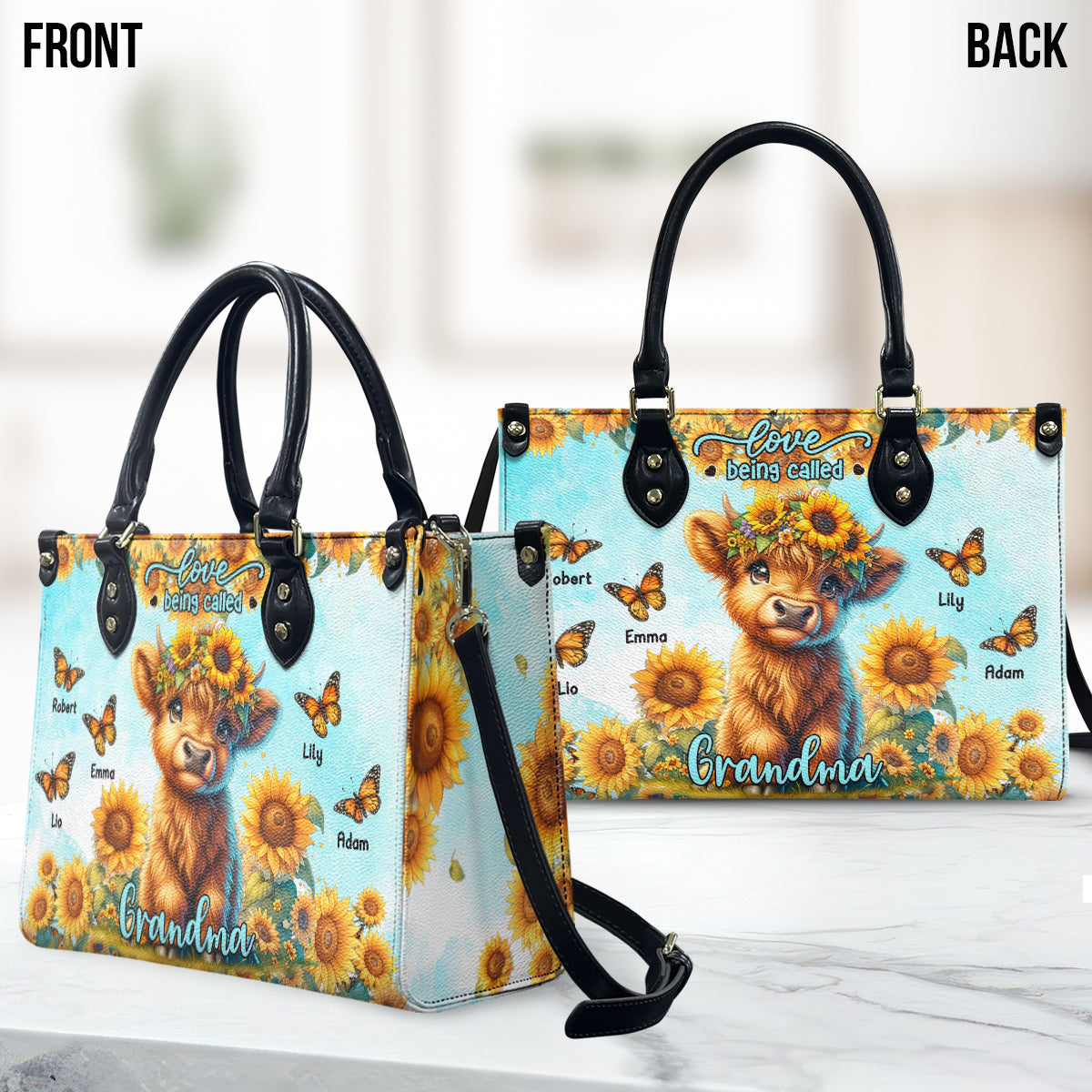 Love Being Called Grandma Highland Cow Sunflower - Personalized Leather Handbag