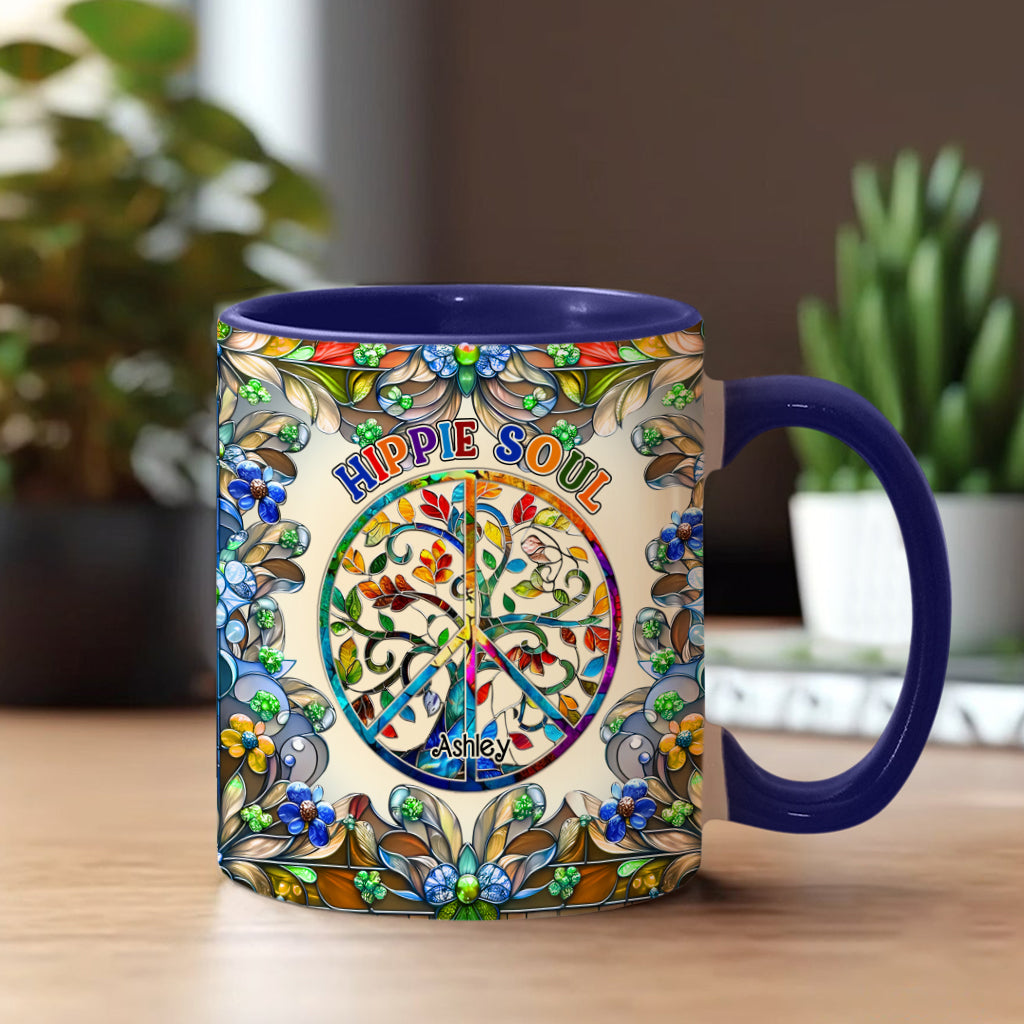 Es ist eine wunderschöne Welt, der Baum des Lebens, Friedenssymbol - personalisierte Tasse mit Hippie-Akzent