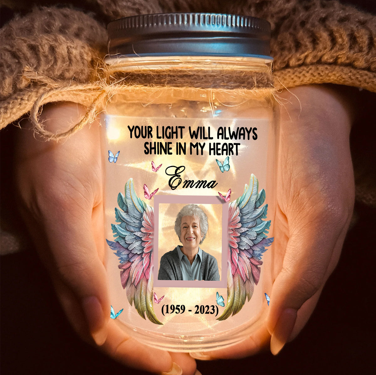 Your Light Will Always Shine In My Heart - Personalized Memorial Mason Jar Light