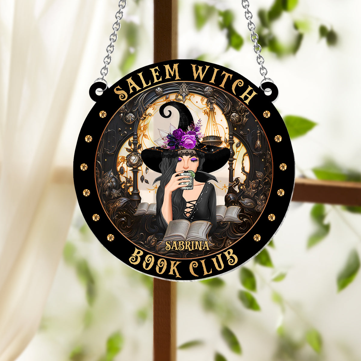 Salem Witch Book Club - Personalized Witch Window Hanging Suncatcher Ornament