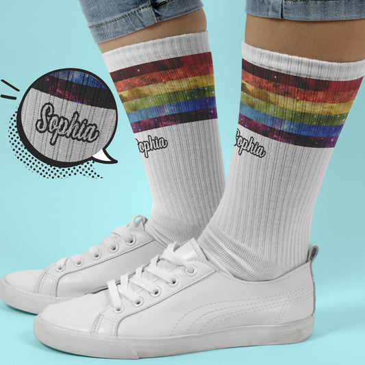 Chaussettes personnalisées de soutien LGBT « Pride Rainbow Galaxy »