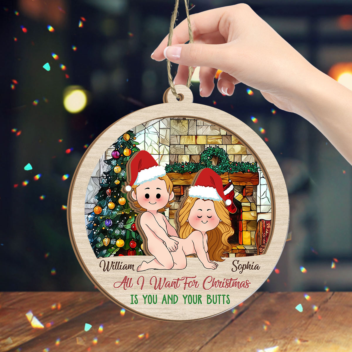All I Want For Christmas Is You And Your Butt - Personalized Couple 2 Layered Window Hanging Suncatcher
