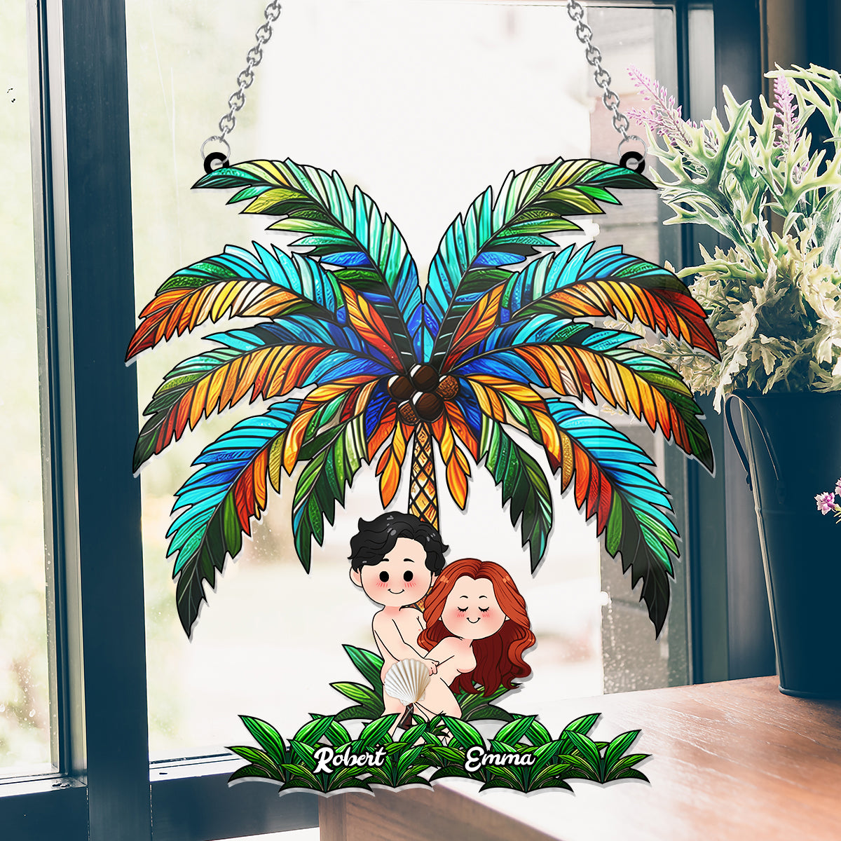 Funny Couple Under The Palm Tree - Personalized Couple Window Hanging Suncatcher Ornament