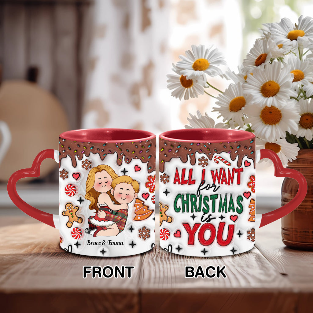 All I Want For Christmas Is You - Personalized Couple Heart Handle Mug