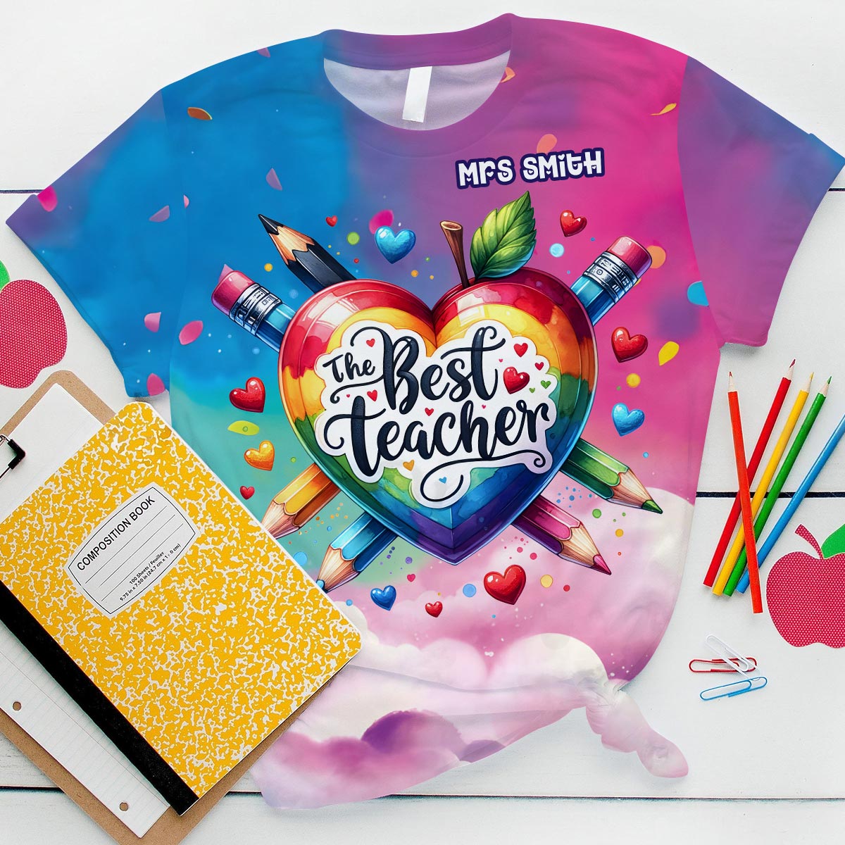 Das beste Lehrer-Shirt mit buntem Herz – personalisiertes Lehrer-Shirt