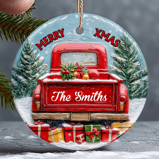 Joyeux Noël en famille - Ornement rond en céramique personnalisé pour la famille