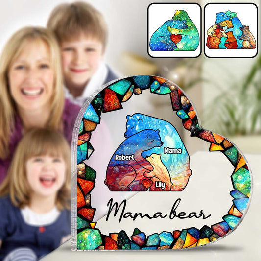 Mama Bear Colorful Stained Glass - Personalized Mother Custom Shaped Acrylic Plaque