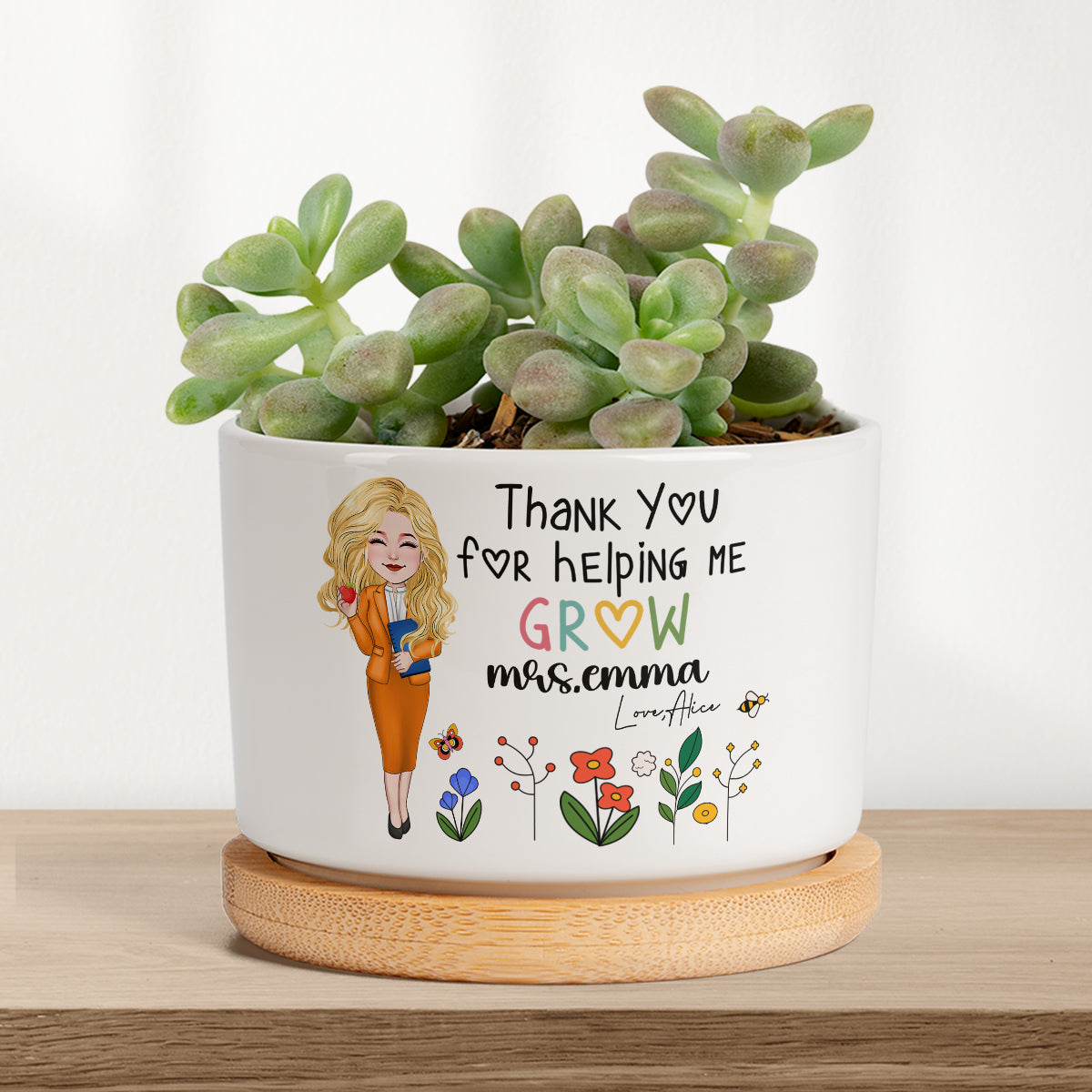 Merci de m'avoir aidé à grandir - Pot de fleurs en céramique personnalisé pour enseignant