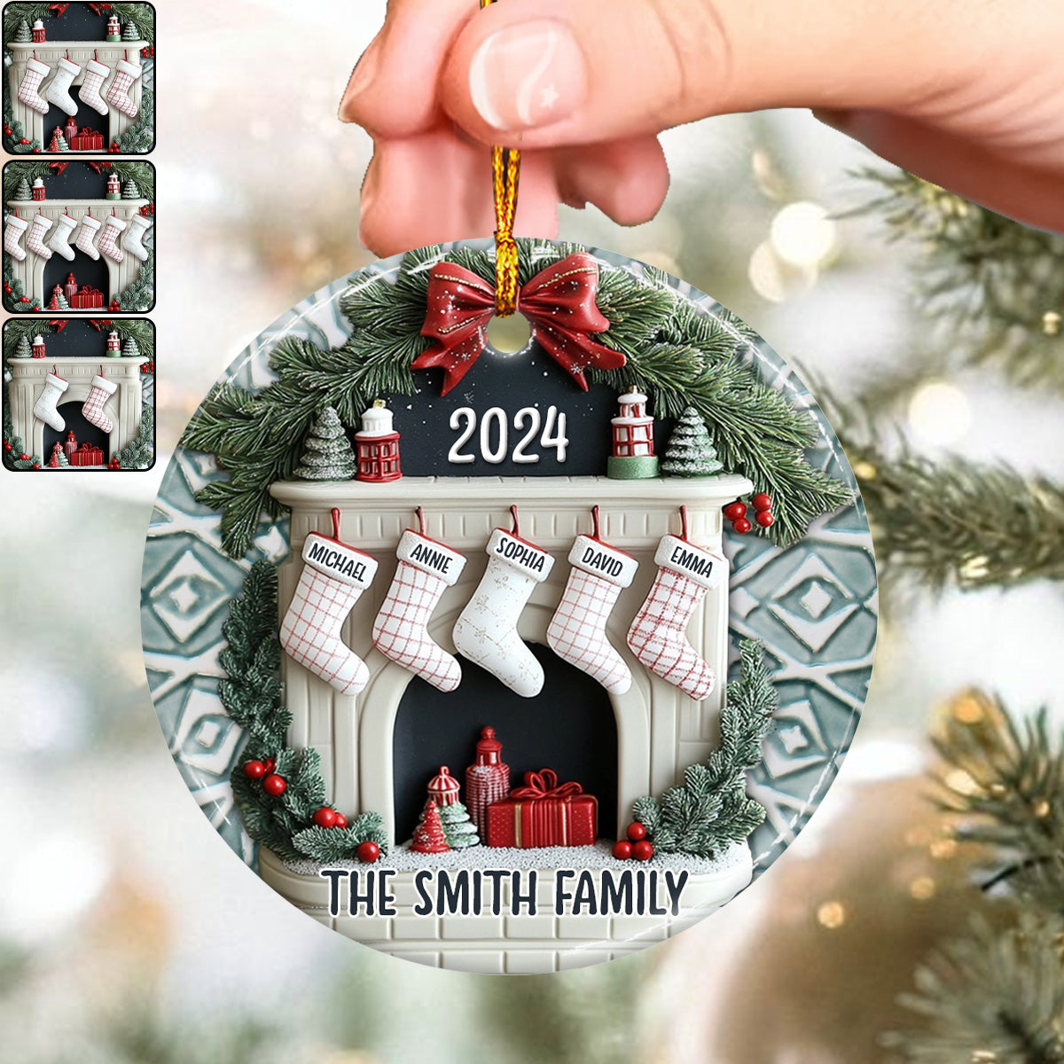 Chaussettes familiales pour cheminée - Ornement rond en céramique personnalisé pour la famille