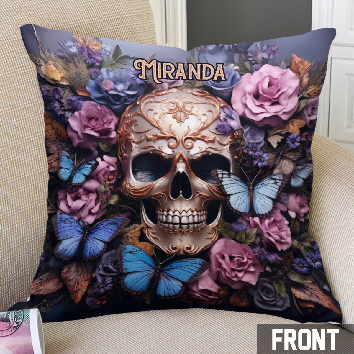 Beauty Of The Dark Skull Roses Butterflies - Personalized Skull Throw Pillow