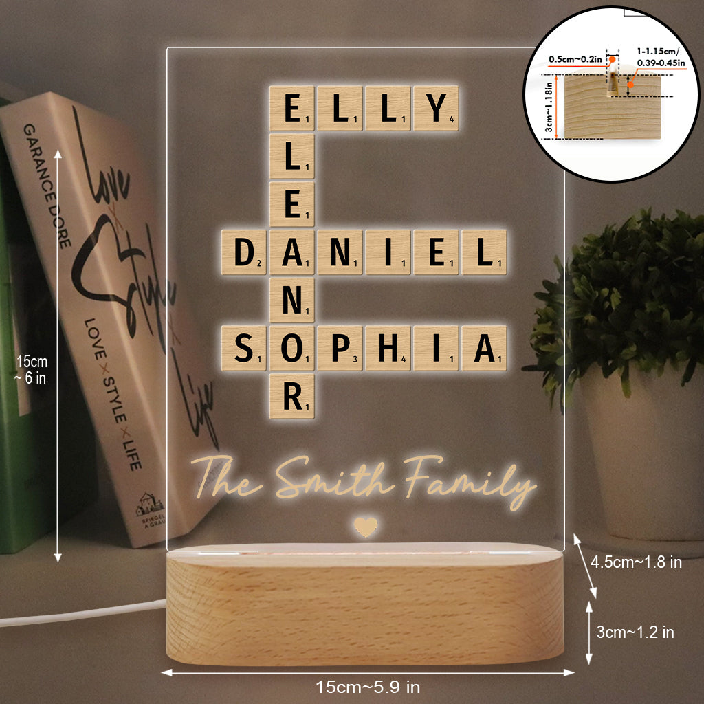 Plaque lumineuse personnalisée en forme de famille avec mots croisés - Socle lumineux