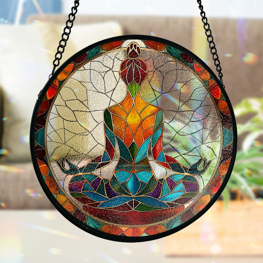 Siddhasana Achtsamkeit – Personalisierter Yoga-Glasfenster-Sonnenfänger