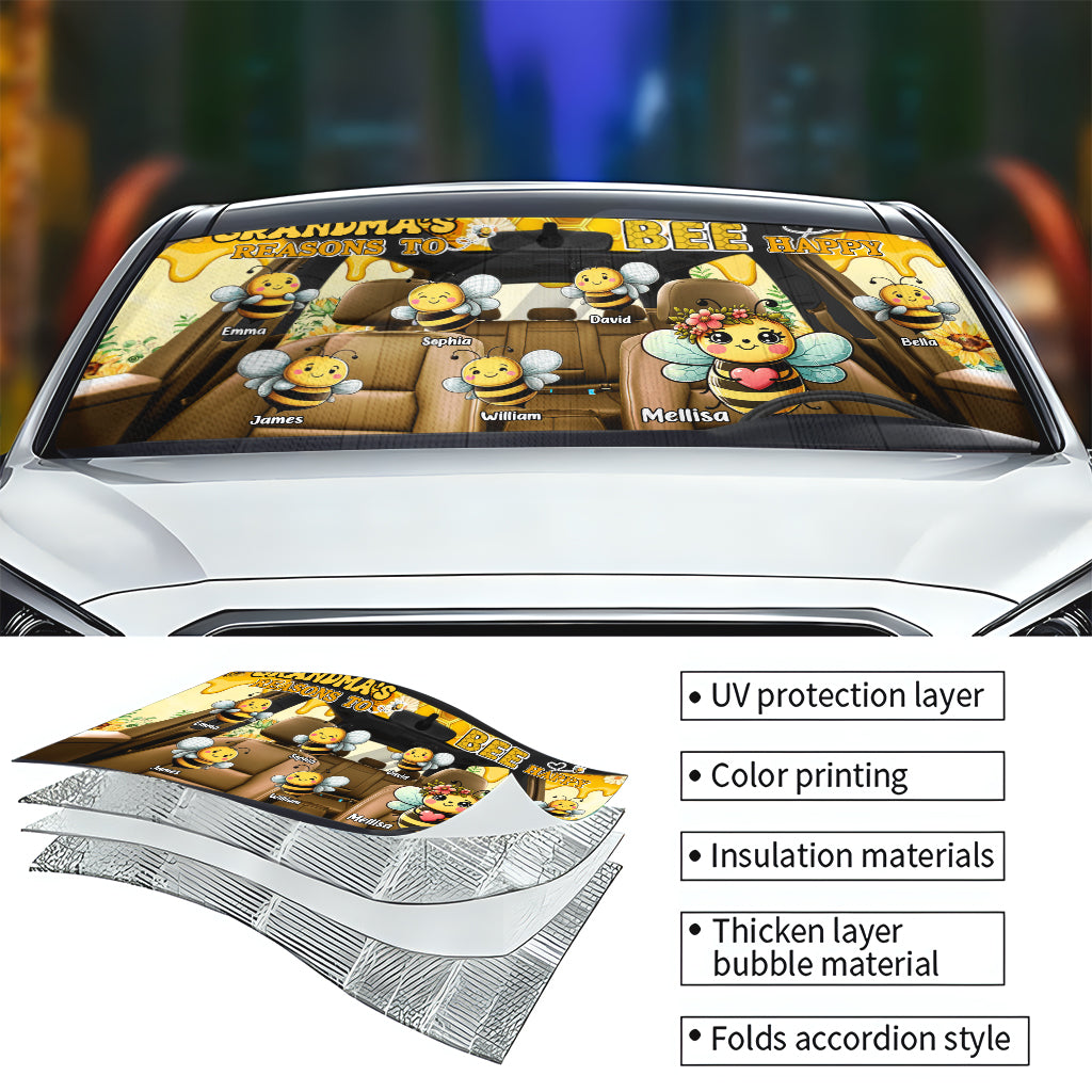 Grandma's Reasons To Bee Happy - Personalized Grandma Car Sunshade