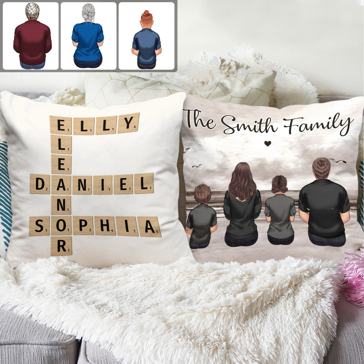 Coussin décoratif familial personnalisé avec mots croisés