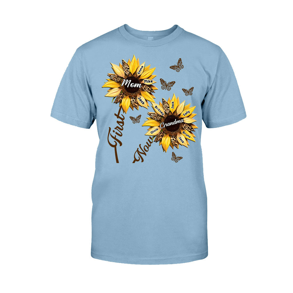 First Mom Now Grandma Sunflower - Personalized Grandma T-shirt And Hoodie