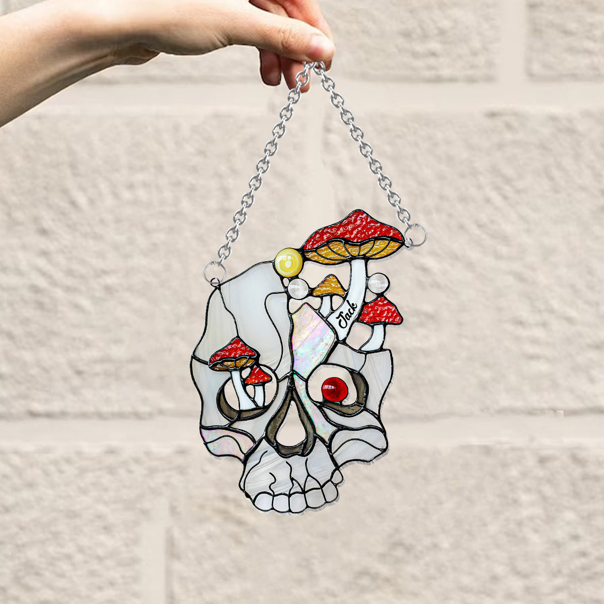 Crâne blanc champignon - Ornement attrape-soleil personnalisé à suspendre à la fenêtre 