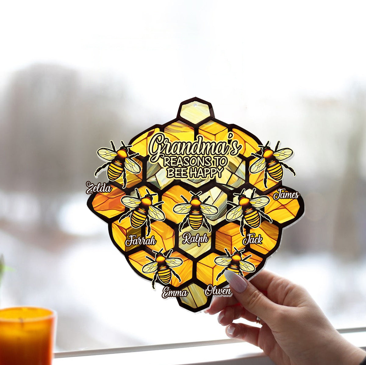 Grandma's Reasons To Be Happy - Personalized Grandma Window Hanging Suncatcher Ornament