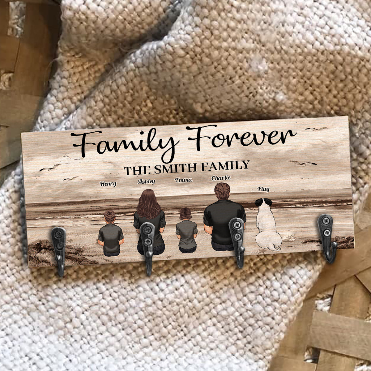 Porte-clés familial personnalisé « Family Forever Beach Landscape Vintage Version »