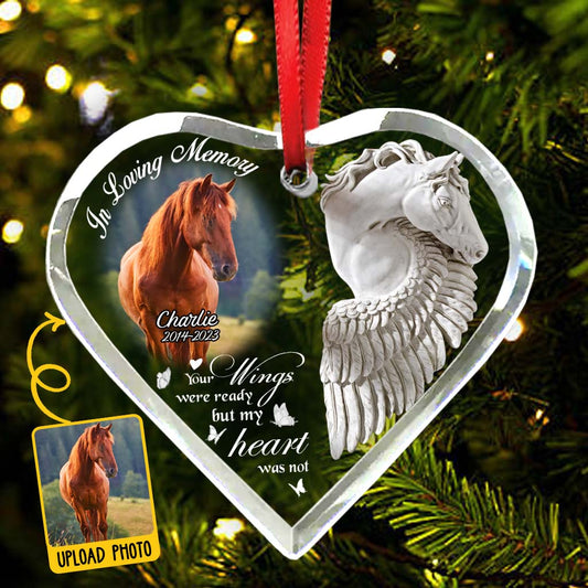 In Loving Memory Horse With Wings - Personalized Horse Heart Shaped Glass Ornament