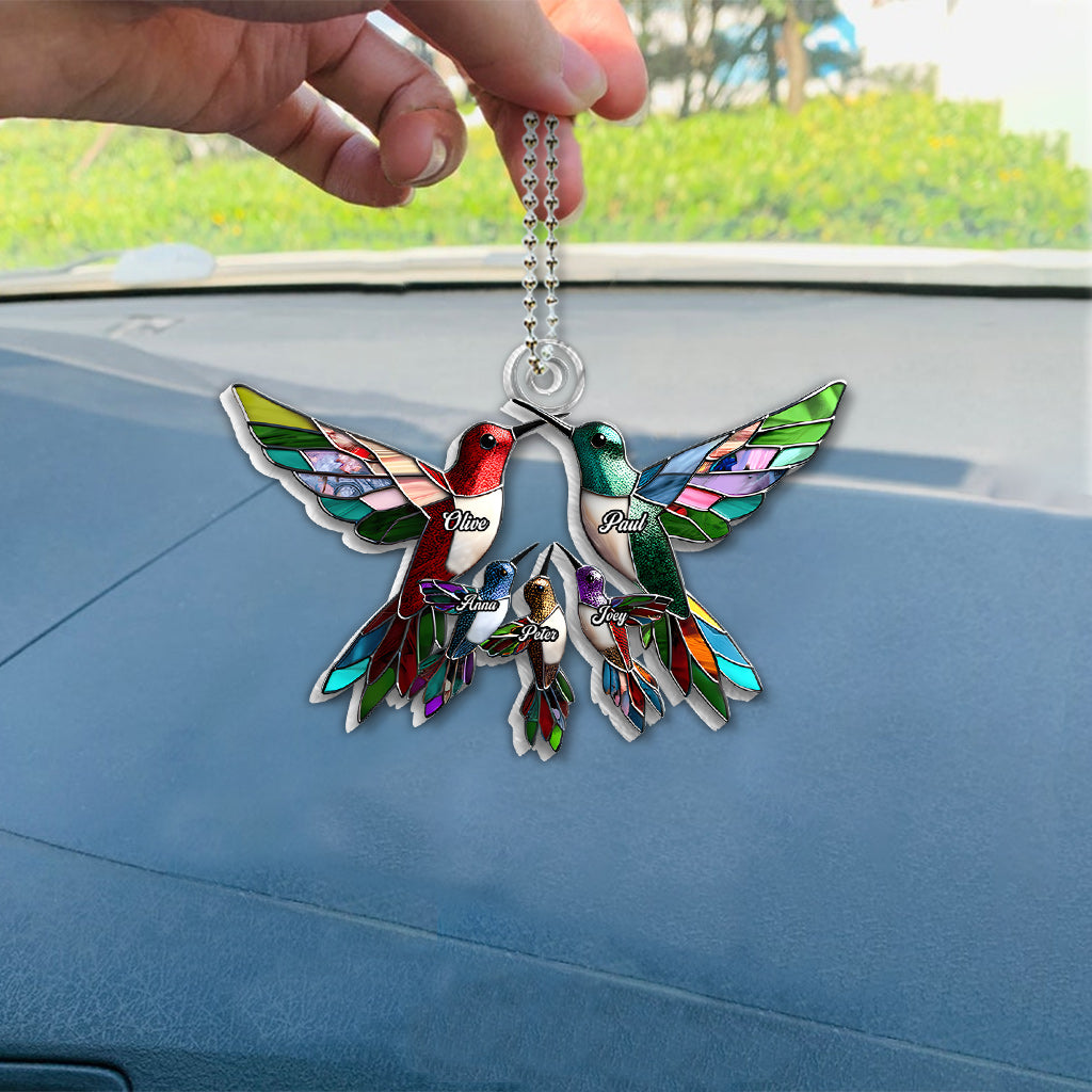 Familienmitglieder, Kolibris, wunderschöne Vögel – personalisierter, individuell geformter Autoanhänger für die Familie
