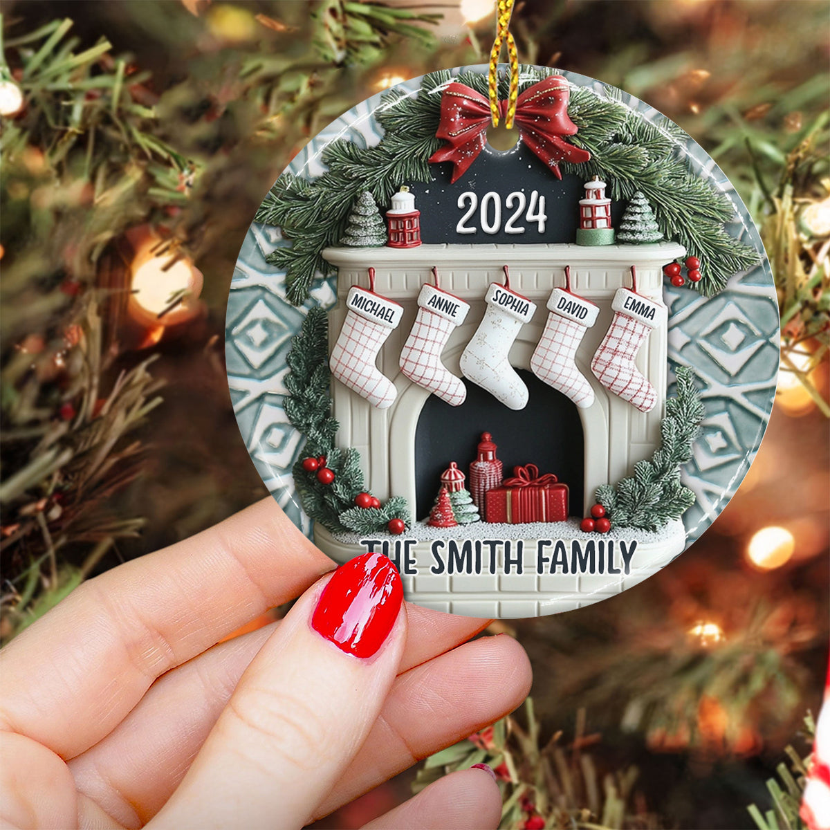 Kamin-Familiensocken – Personalisierter Keramikkreis als Familienornament