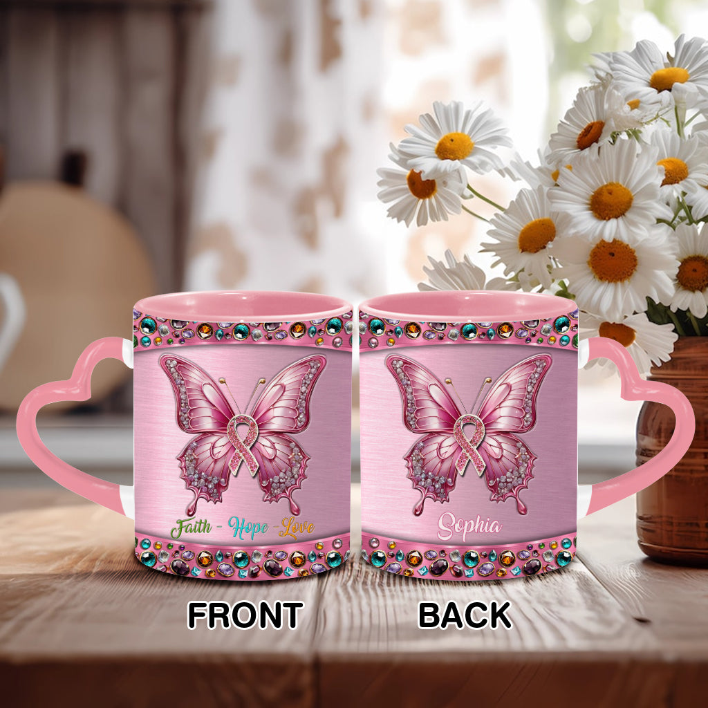 Foi, Espoir, Amour - Mug personnalisé avec anse en forme de cœur pour la sensibilisation au cancer du sein