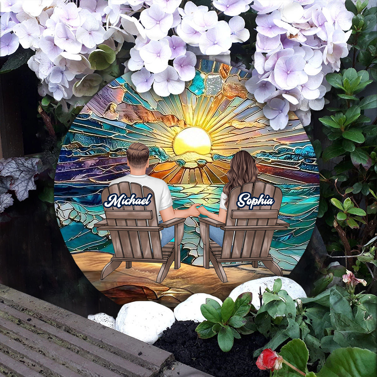 Happy Couple Enjoying Romantic Beach - Personalized Couple Round Shaped Stone