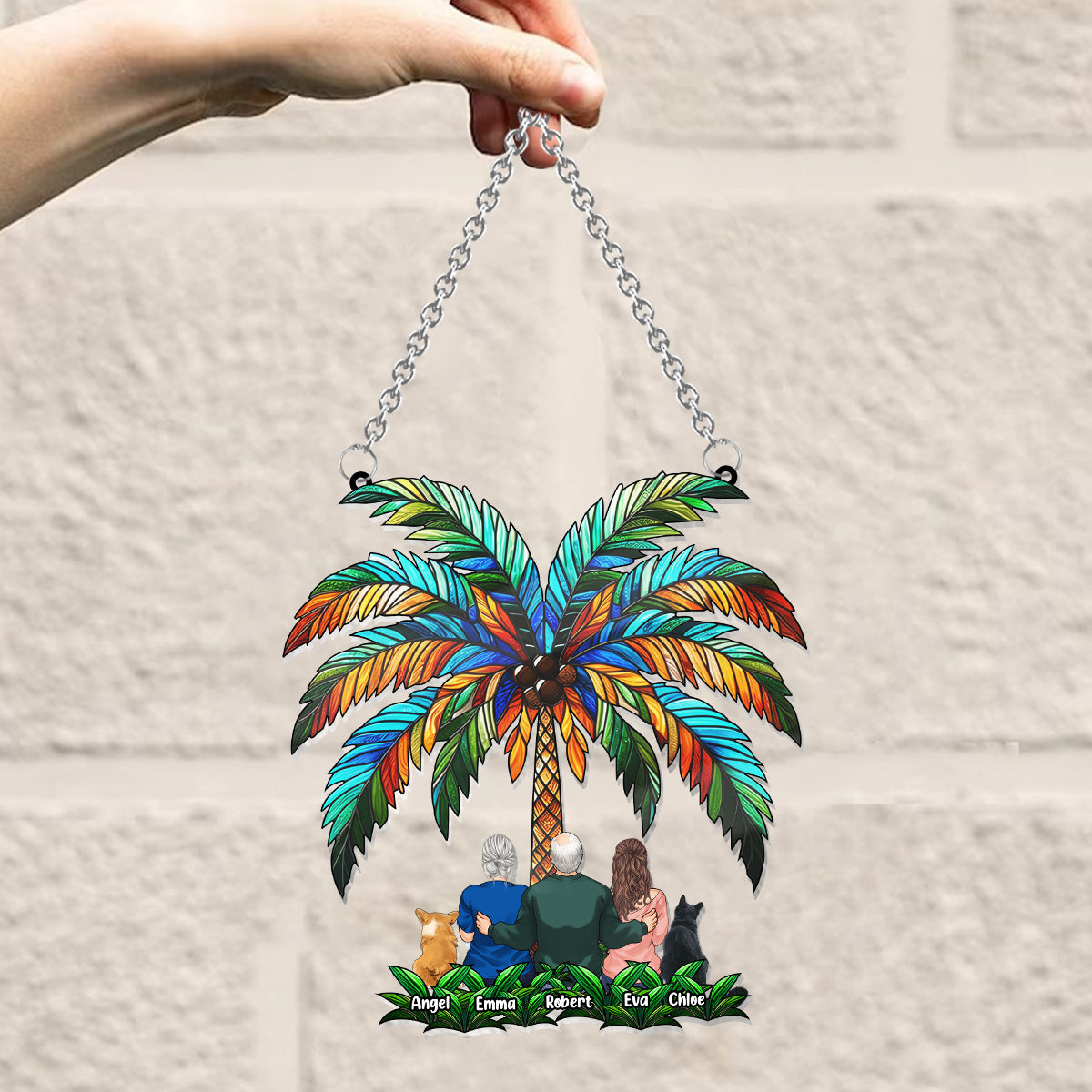 Famille sous le palmier - Décoration attrape-soleil personnalisée à suspendre à la fenêtre 
