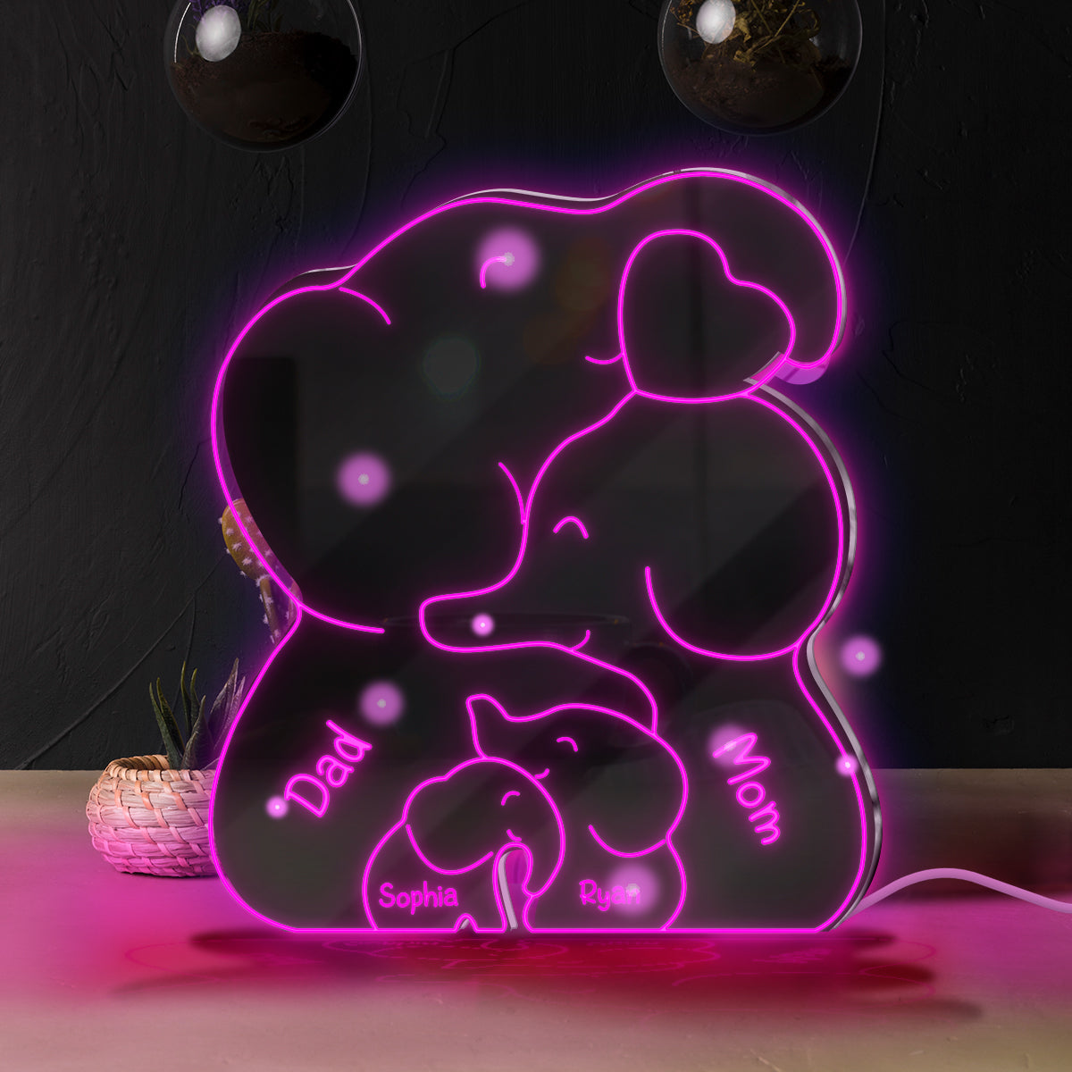 Famille Éléphants - Miroir Lumineux Personnalisé pour la Famille 