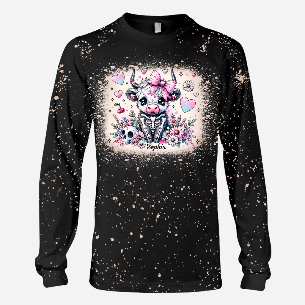 Cute Spooky Halloween Highland Cow - Personalized Bleached T-Shirt
