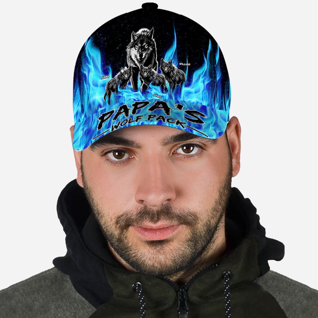 Grandpa's Wolf Pack Blue Flames - Personalized Grandpa Classic Cap