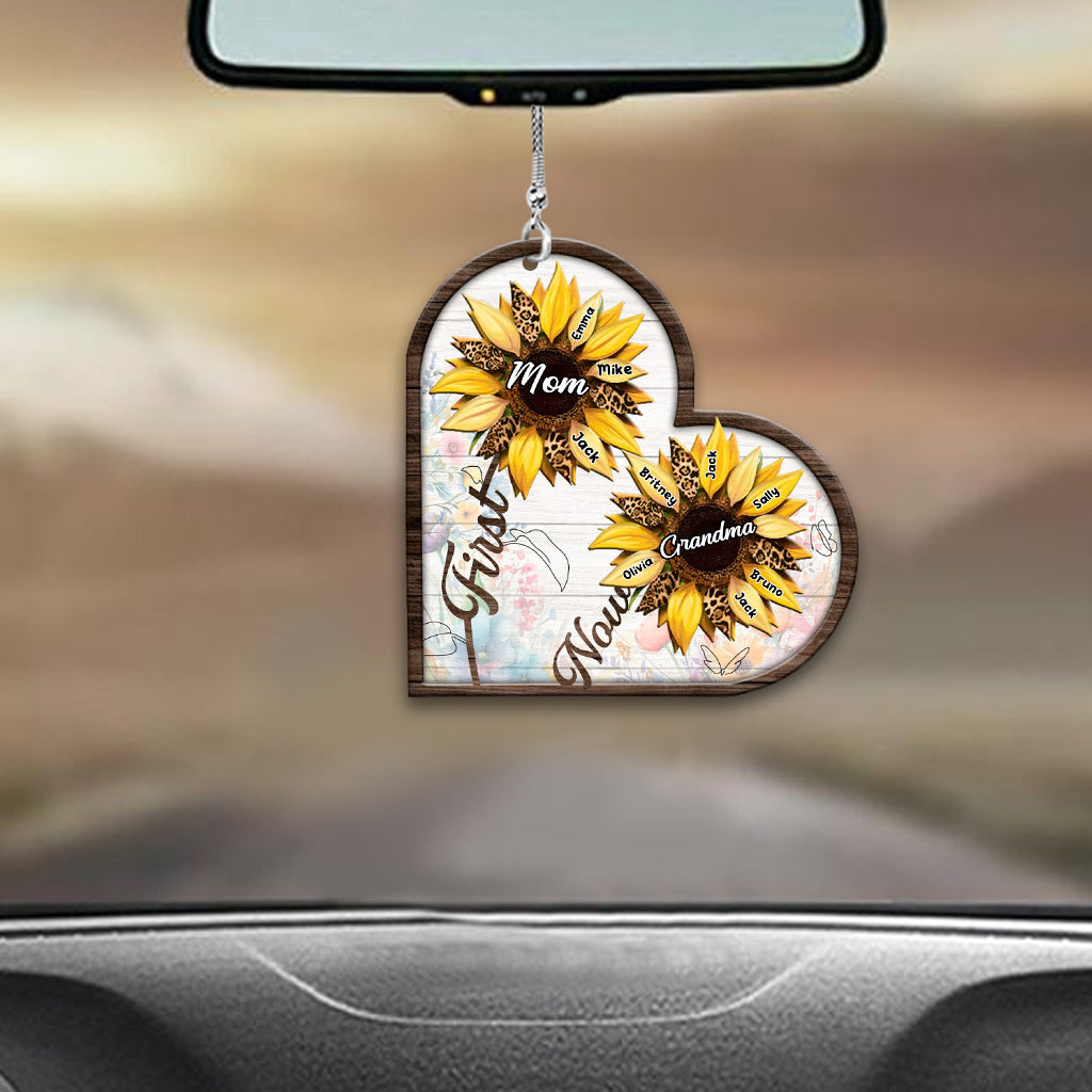 First Mom Now Grandma Sunflower - Personalized Grandma Car Ornament