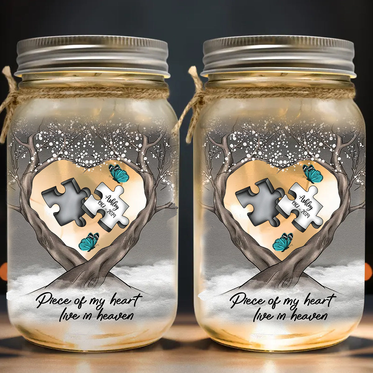 Memorial Butterfly Dragonfly Heaven Feather - Personalized Memorial Mason Jar Light