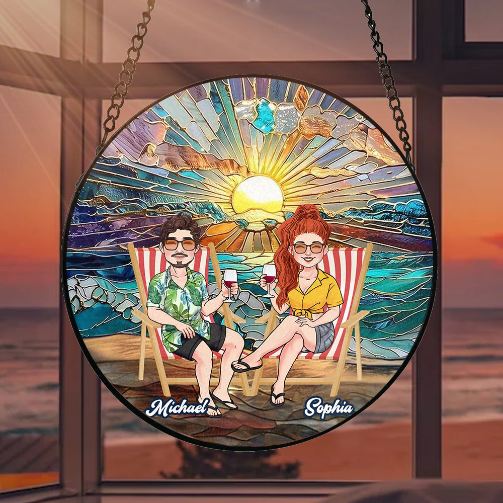 Happy Couple Enjoying Romantic Beach - Personalized Couple Stained Glass Suncatcher