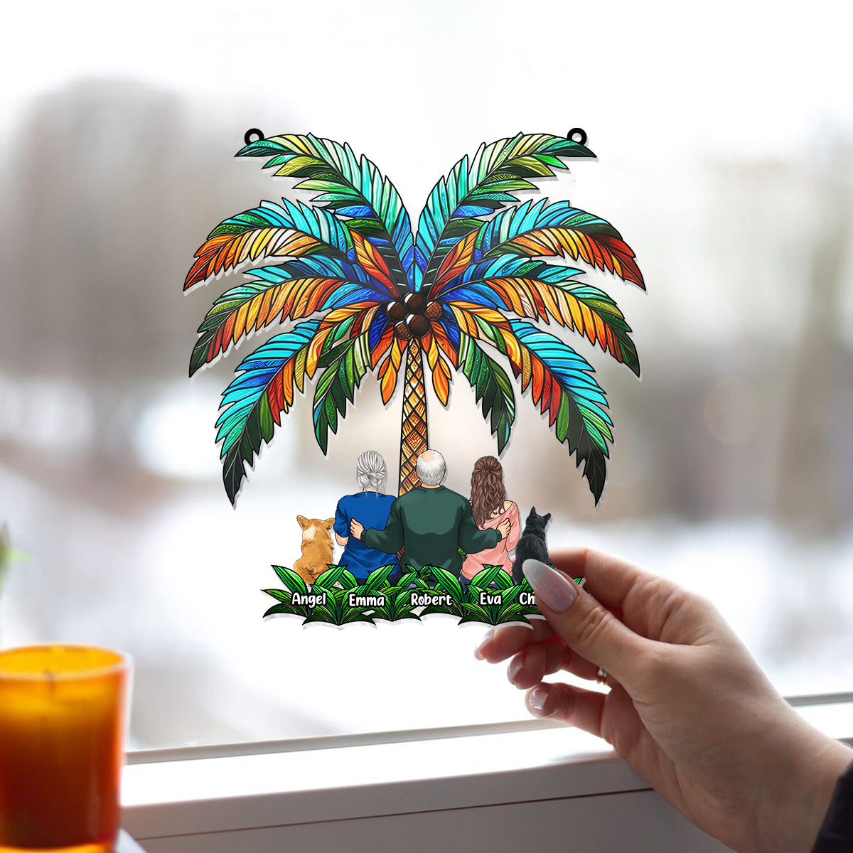 Famille sous le palmier - Décoration attrape-soleil personnalisée à suspendre à la fenêtre 