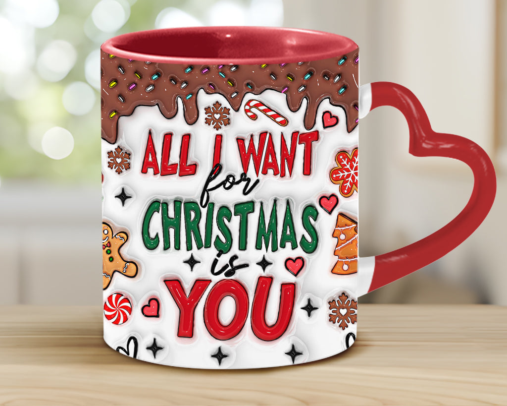 All I Want For Christmas Is You - Personalized Couple Heart Handle Mug