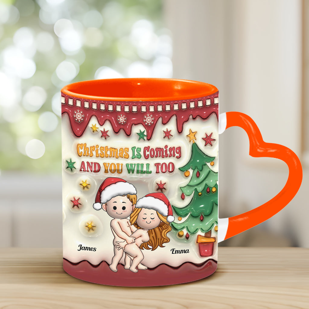 Christmas Is Coming - Personalized Couple Heart Handle Mug