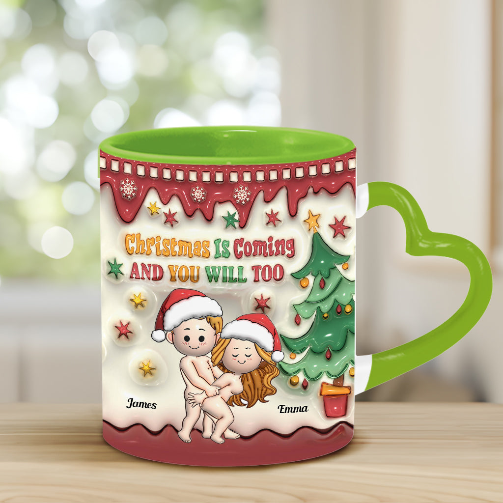 Christmas Is Coming - Personalized Couple Heart Handle Mug