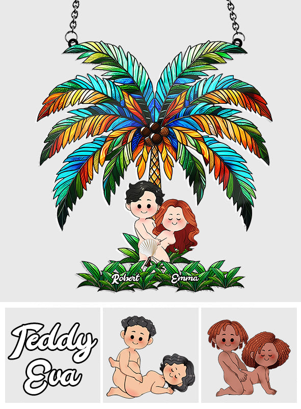 Funny Couple Under The Palm Tree - Personalized Couple Window Hanging Suncatcher Ornament