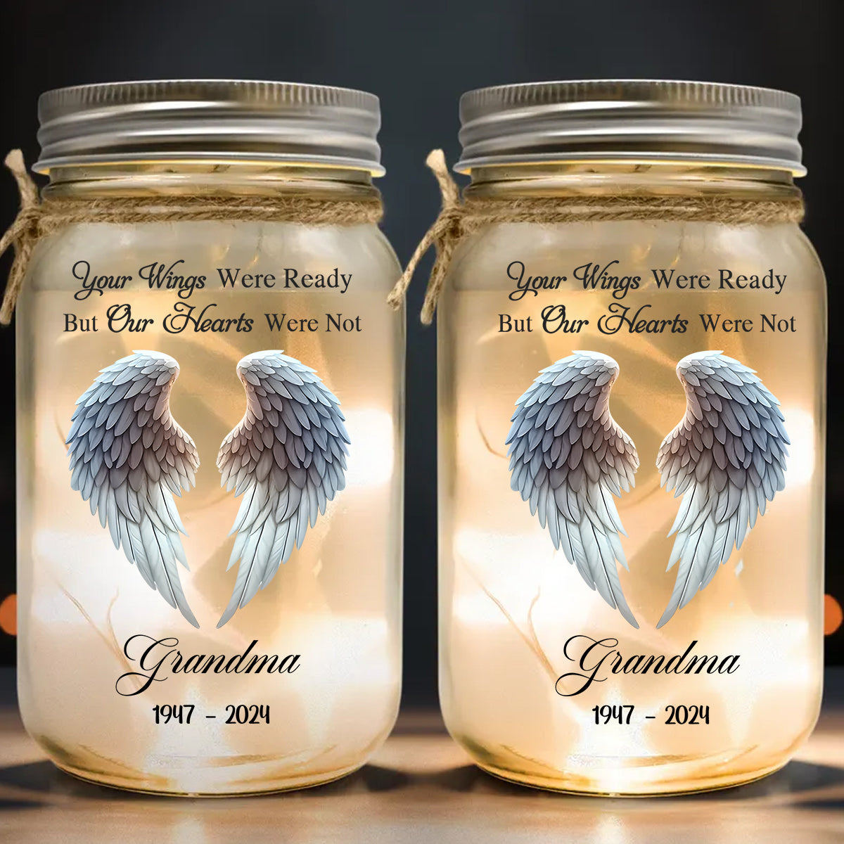 Beautiful Angle Wings - Personalized Memorial Mason Jar Light