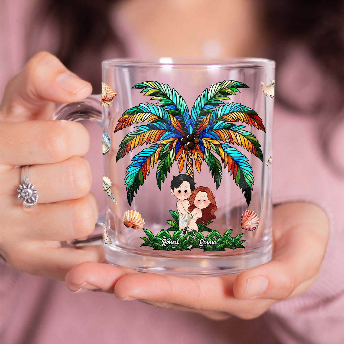 I Fcking Love You Palm Tree Happy Couple - Personalized Couple Glass Mug